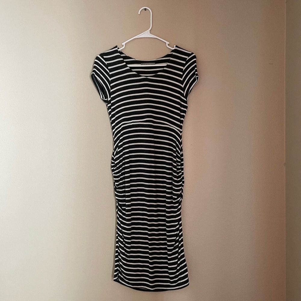 Grey and white striped midi dress